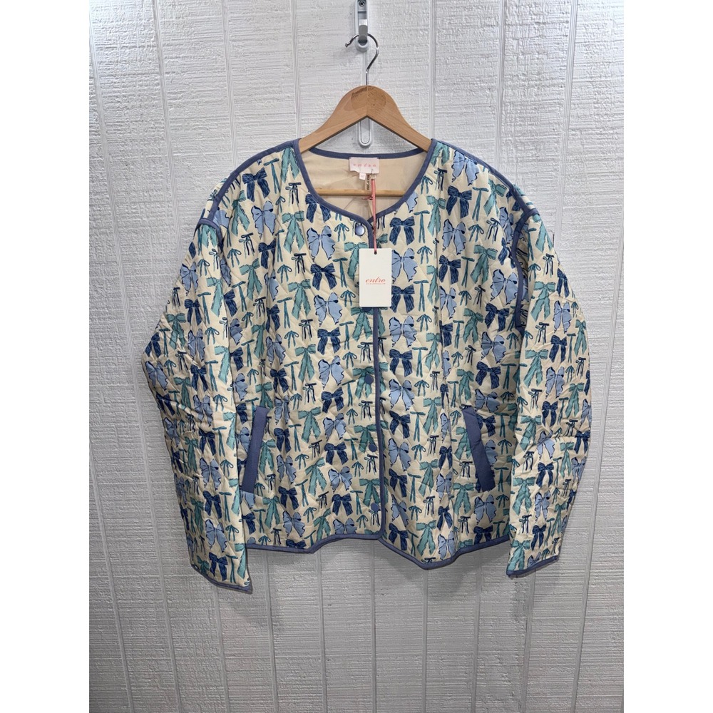Entro Quilted Jacket Women XL Cream Blue Bow Print Snap Front New NWT J24861P